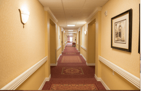 A hotel hallway with a red carpet and evenly spaced doors.