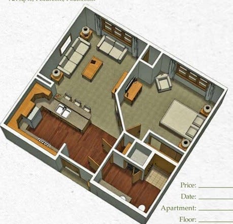 3D floor plan of a one-bedroom apartment showing kitchen, living area, and bedroom.