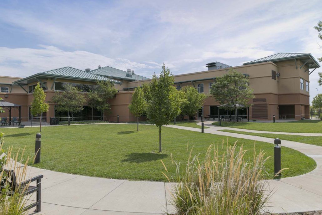 A view of a campus courtyard with green lawns, trees, and modern buildings under a partly cloudy sky.