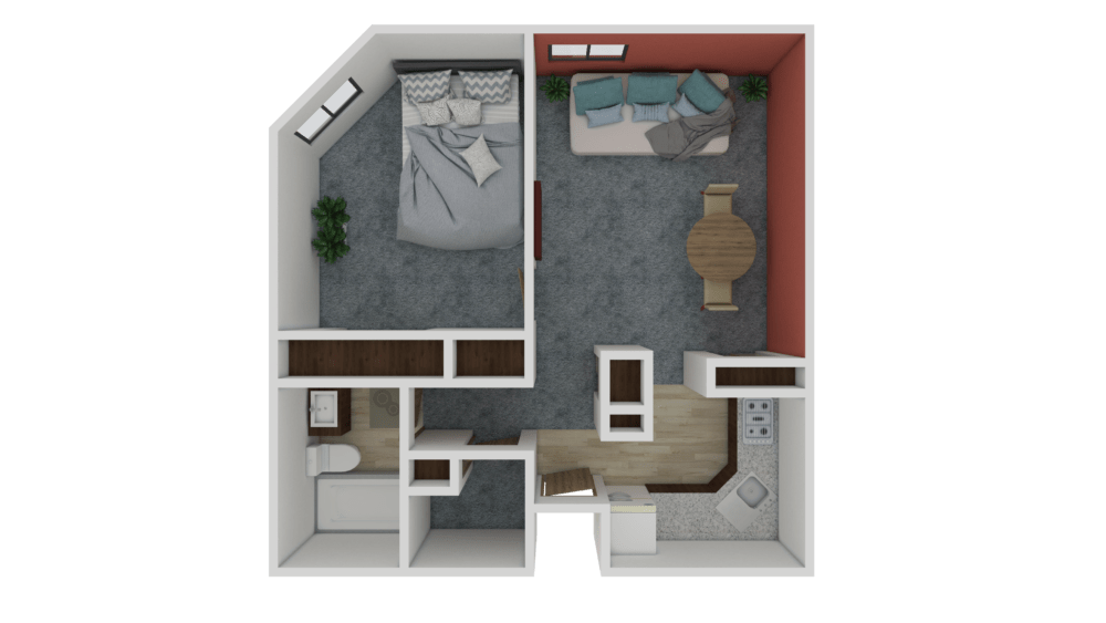 A 3D floor plan of a one-bedroom apartment with a separate living and kitchen area.