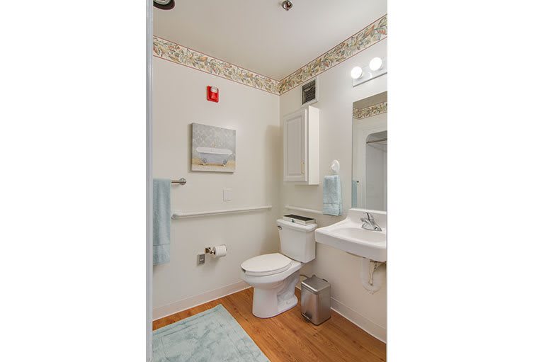 A clean and tidy bathroom with a toilet, sink, mirror, and wooden flooring.