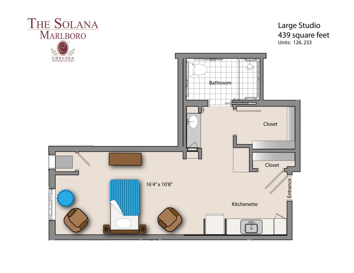 Floor plan of a large studio apartment showing the layout and furniture arrangement.