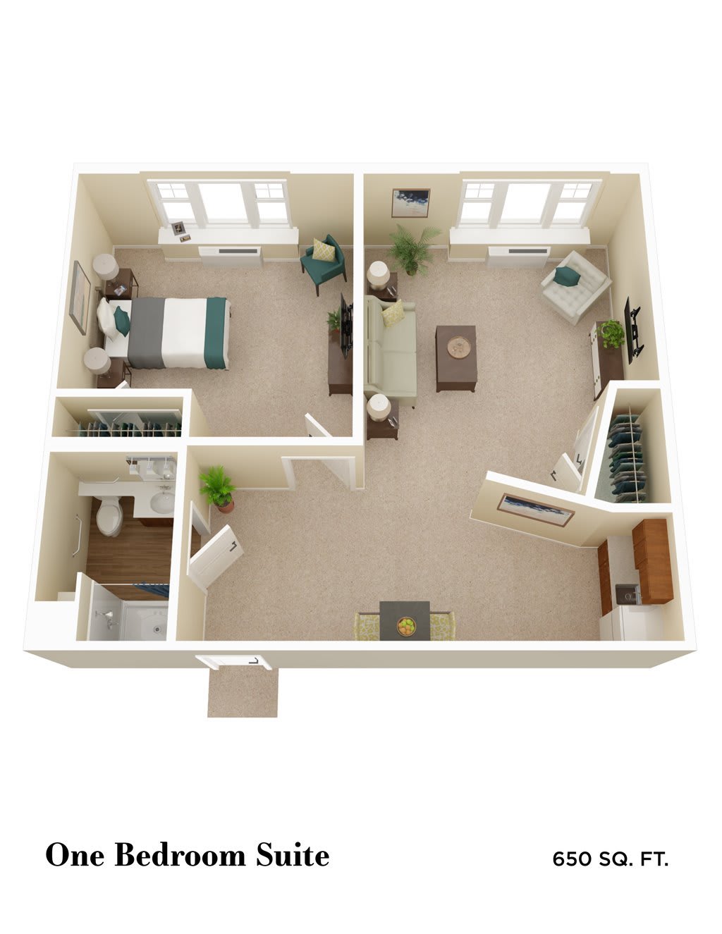 3D floor plan of a one-bedroom apartment with living area, kitchen, and bathroom.