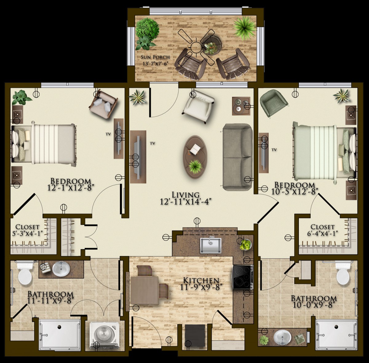 This image shows a floor plan of a two-bedroom apartment, featuring a living room, kitchen, two bathrooms, and a balcony.