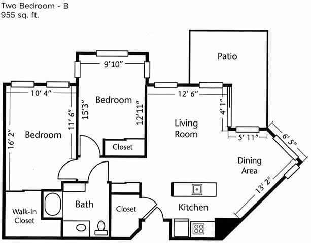 A floor plan of a two-bedroom apartment with a living room, kitchen, bathroom, and patio.