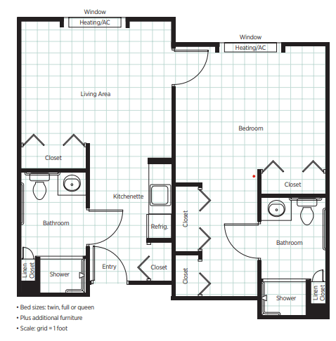 Floor plan of a two-bedroom apartment with labeled rooms and amenities.