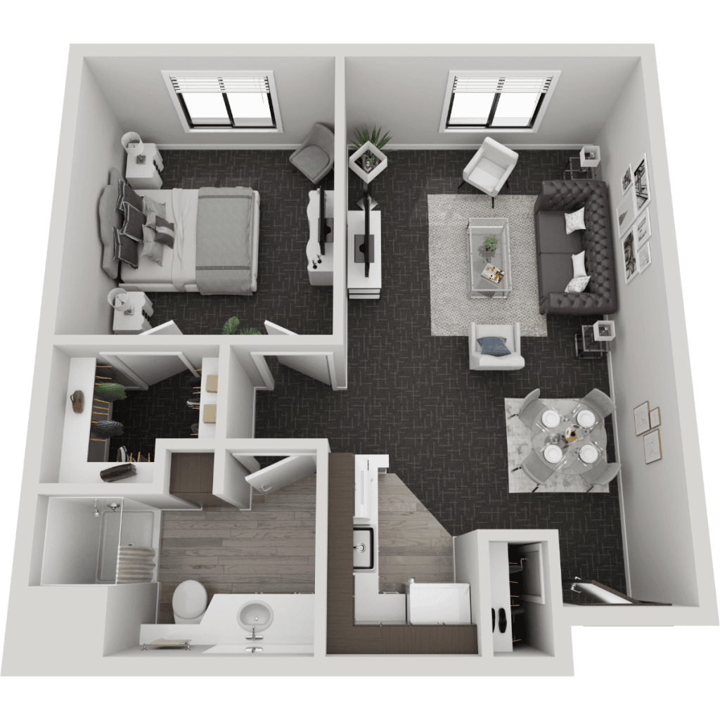 A detailed floor plan of a one-bedroom apartment featuring a living room, kitchen, and bathroom.