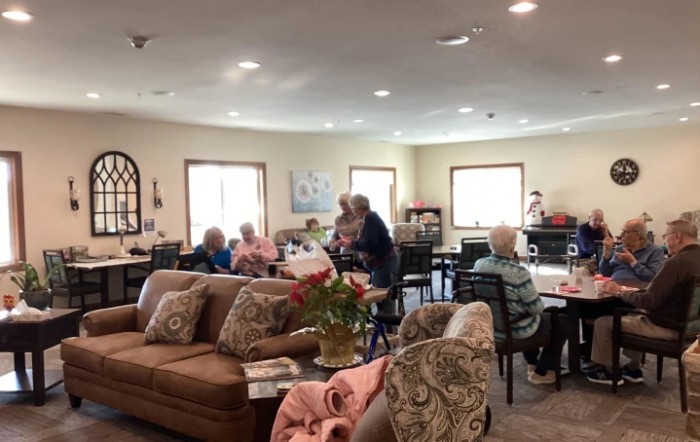 A group of elderly individuals socializing in a cozy living room setting.