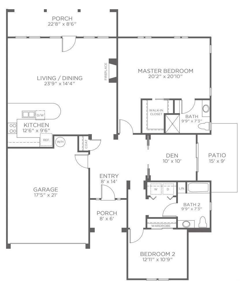 A floor plan of a multi-room apartment, including bedrooms, bathrooms, kitchen, and living area.