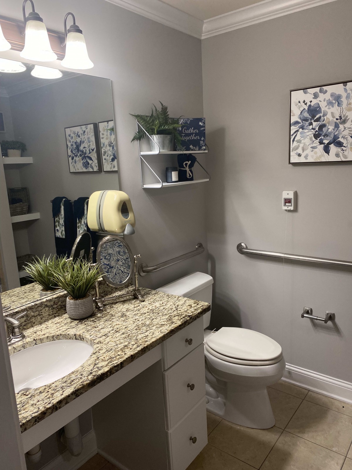 A well-decorated bathroom with a granite countertop, plants, and wall art.