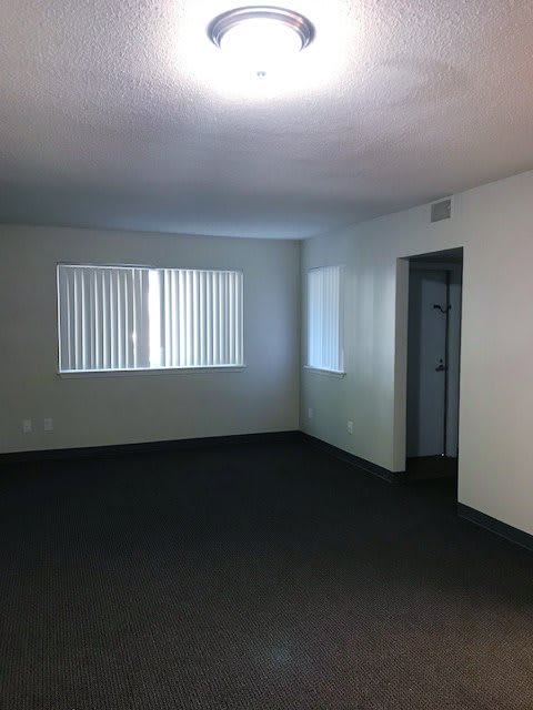 An empty room with carpet and two windows.