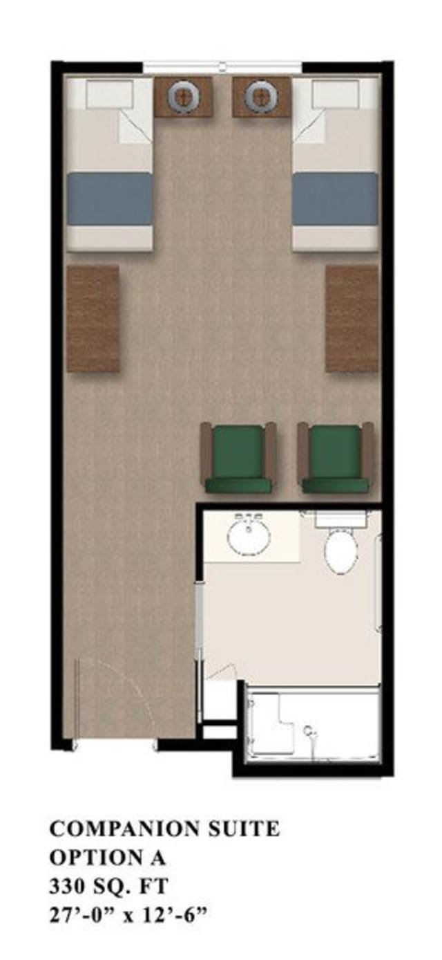 A simple floor plan illustrating a room with furniture and an attached bathroom.