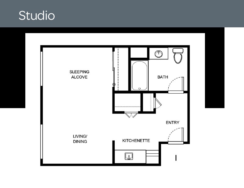 Floor plan of a studio apartment showing the layout of the living, sleeping, and bath areas.