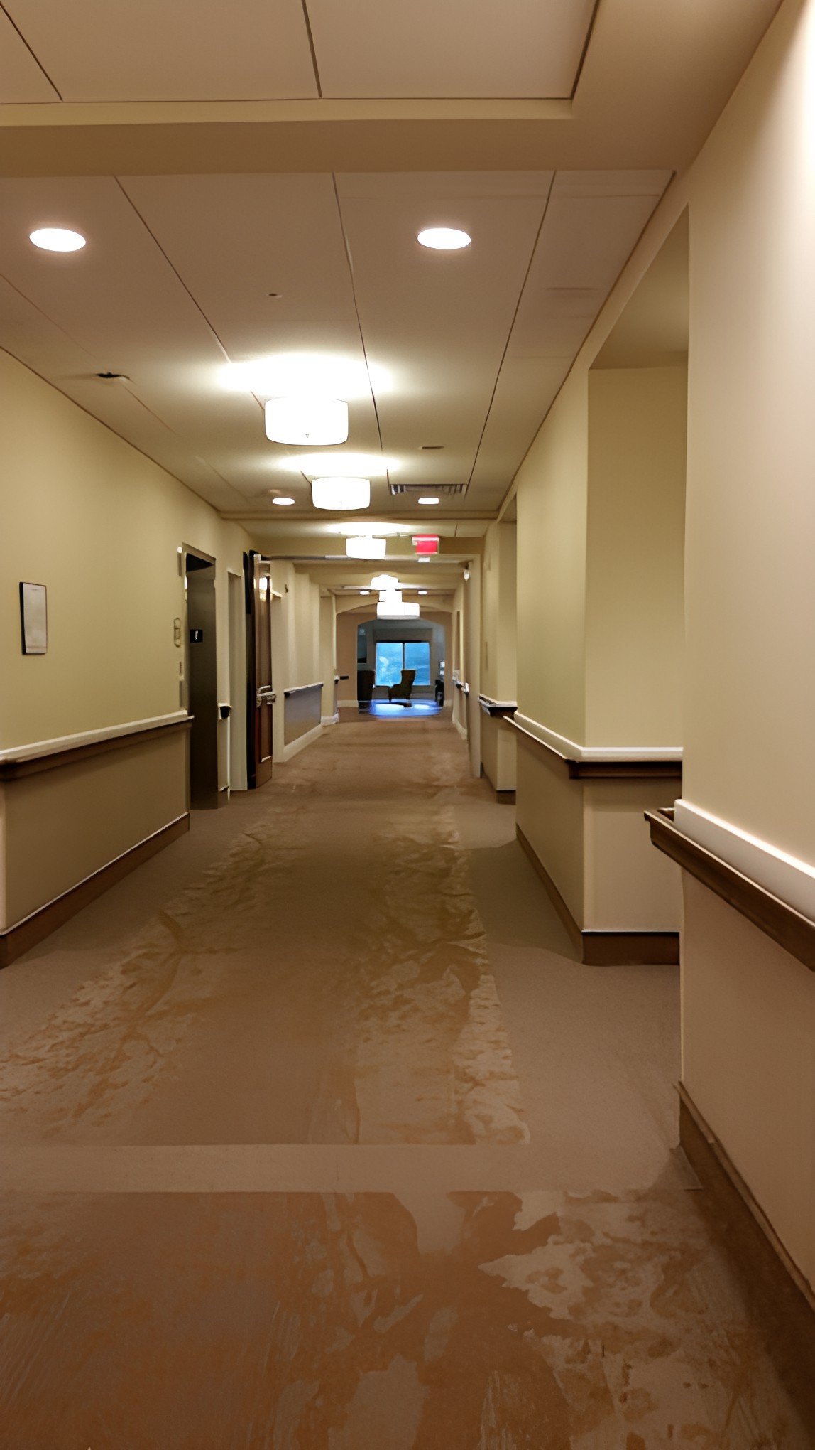 A long, well-lit corridor in a building with beige walls and carpeted flooring.