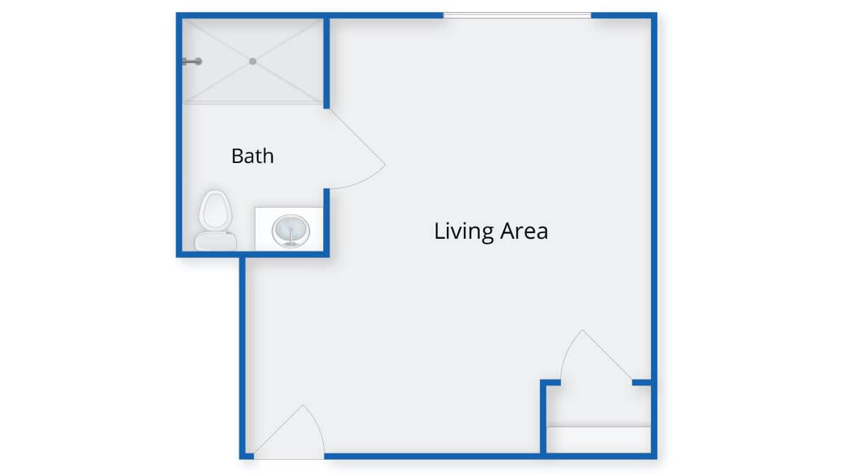 A simple floor plan featuring a living area and a bathroom, outlined in blue.