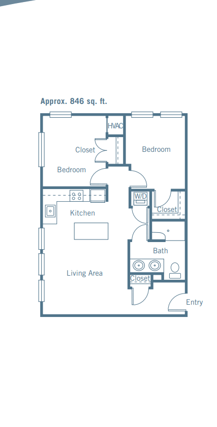 A detailed floor plan of a two-bedroom apartment with labeled areas for the living room, kitchen, bedrooms, bathroom, and closets.