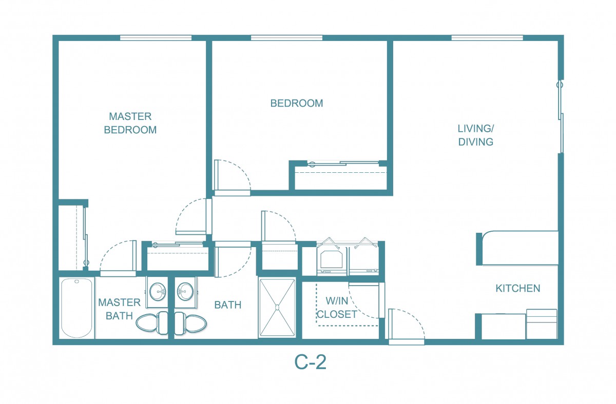 A blueprint of an apartment layout featuring a master bedroom, additional bedroom, two bathrooms, a living area, and a walk-in closet.