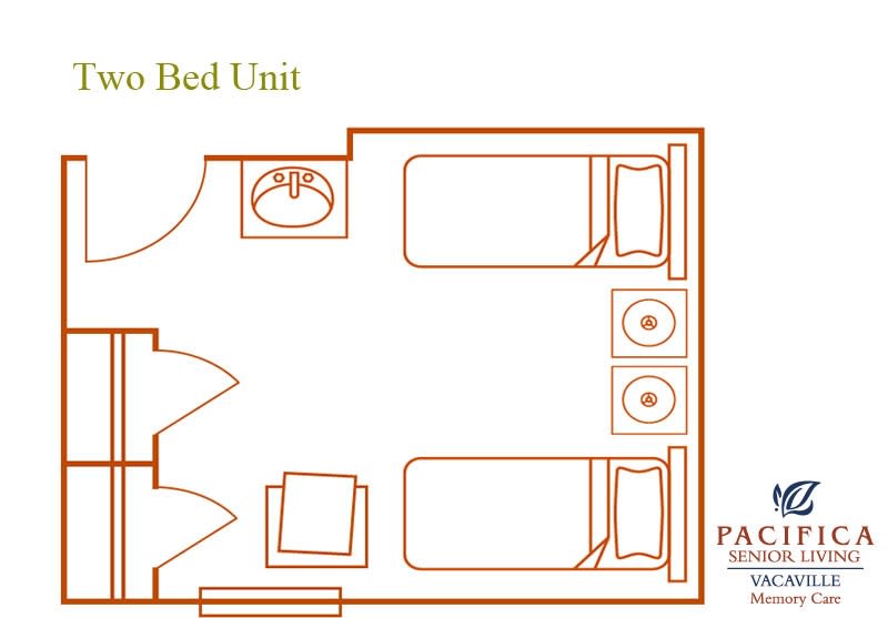 A floor plan showing a two-bed unit with twin beds, seating area, and washbasin.