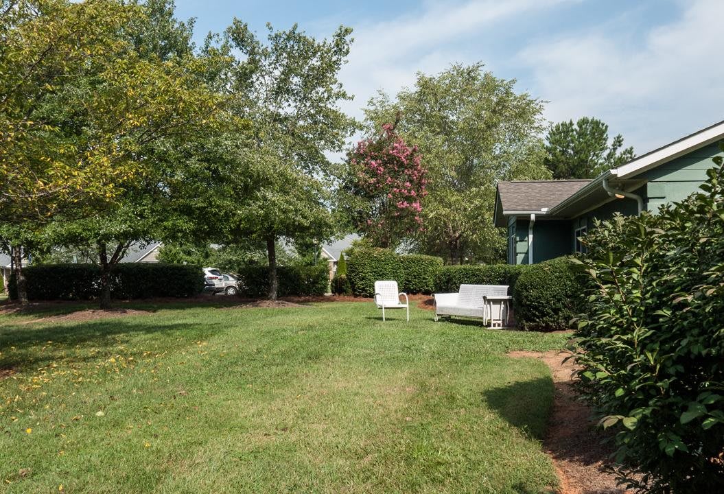 A peaceful backyard with trees and outdoor furniture on a sunny day.
