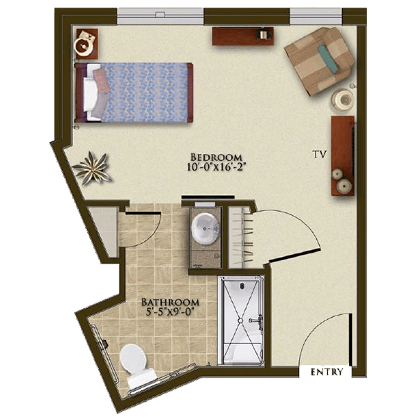This is a floor plan featuring a bedroom and bathroom layout with furniture arrangement.