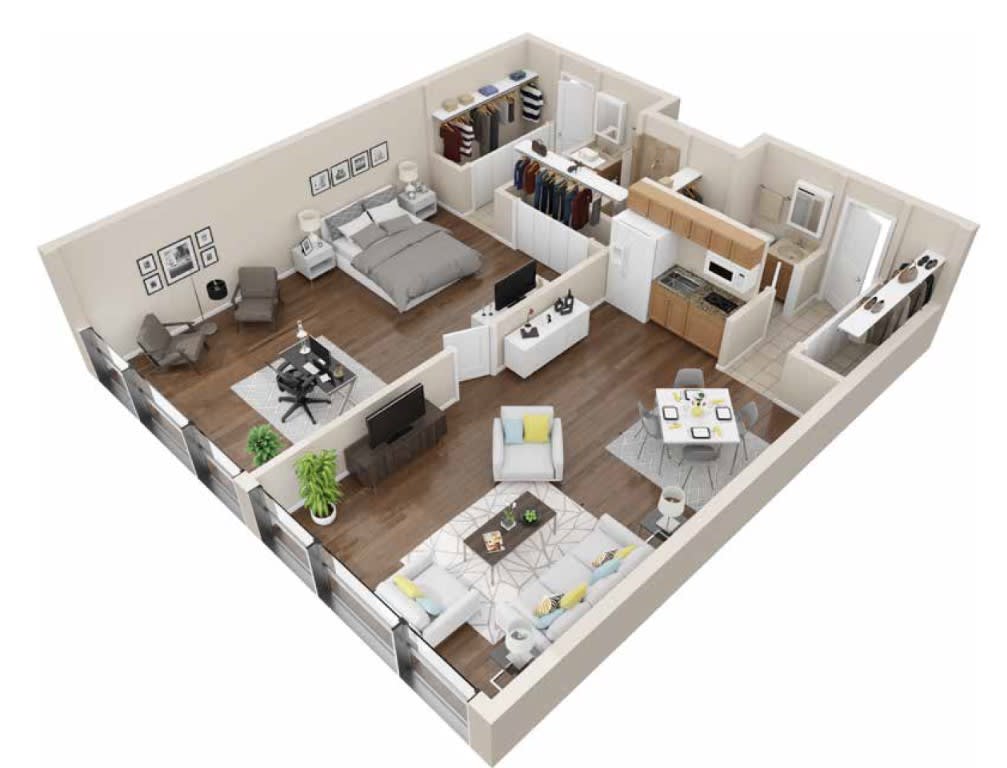 A 3D rendering of a modern apartment floor plan featuring a bedroom, living room, and kitchen.