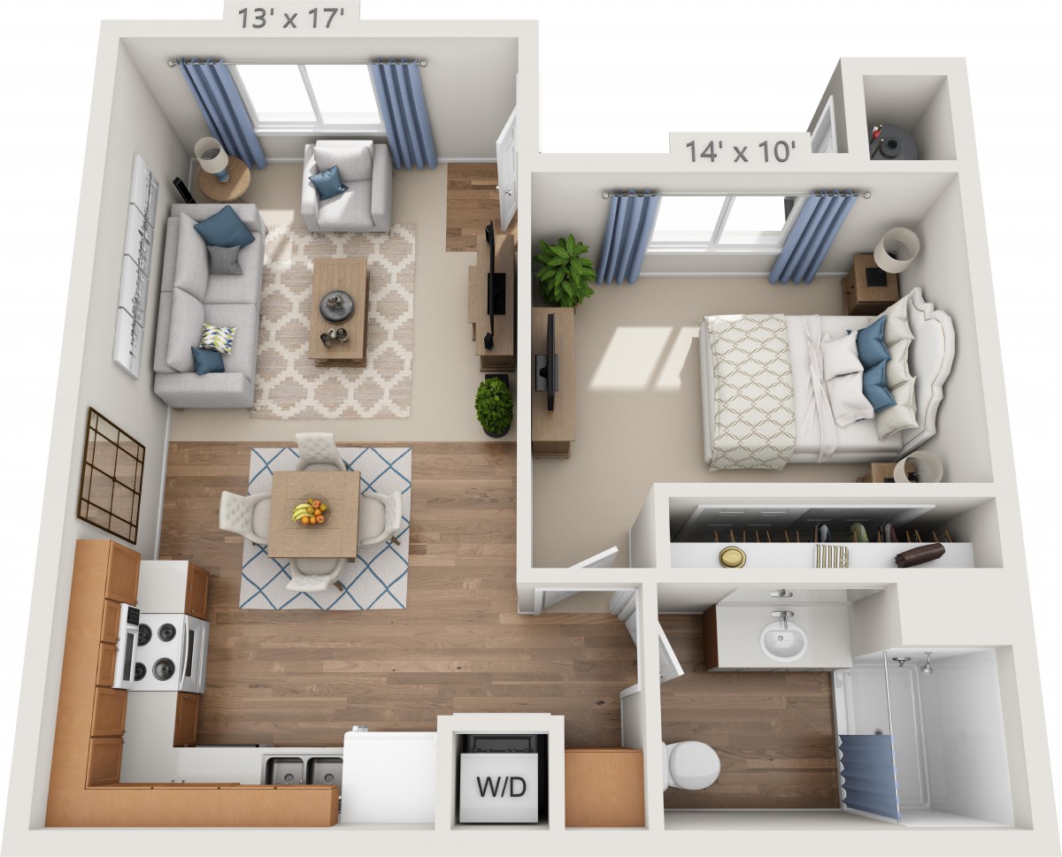 A stylish one-bedroom apartment floor plan featuring a living area, kitchen, bedroom, and bathroom.