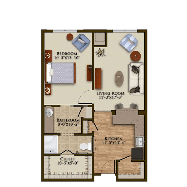 A floor plan of a one-bedroom apartment featuring a living room, kitchen, and bathroom.