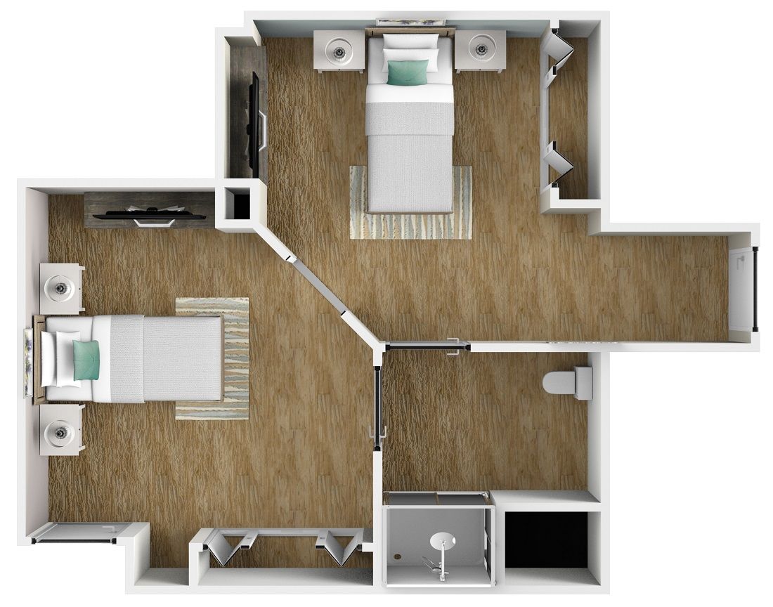 A 3D floor plan of a two-bedroom apartment with wooden flooring.