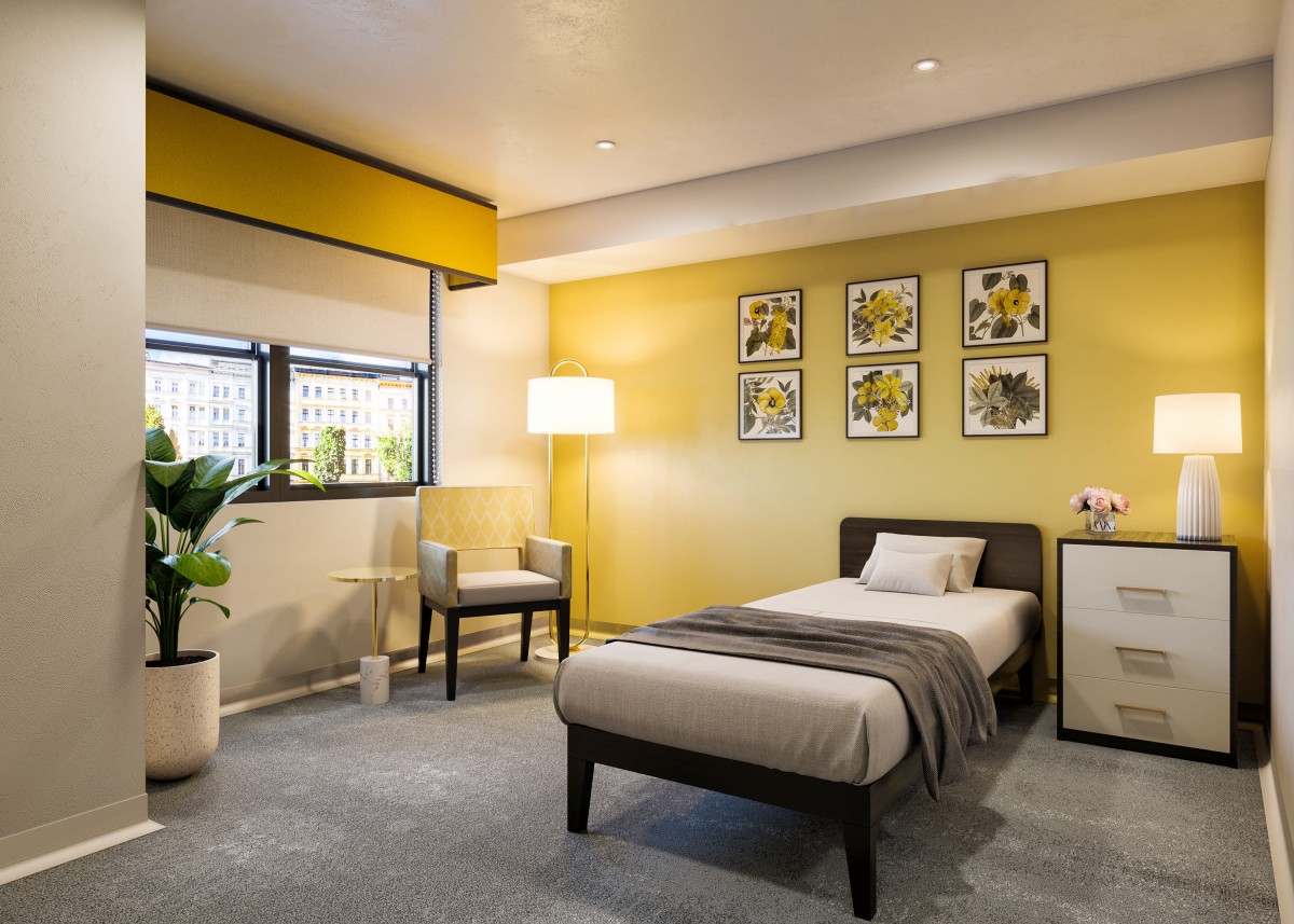 A modern and minimalist bedroom featuring a single bed with yellow walls, decorative art, and cozy furnishings.