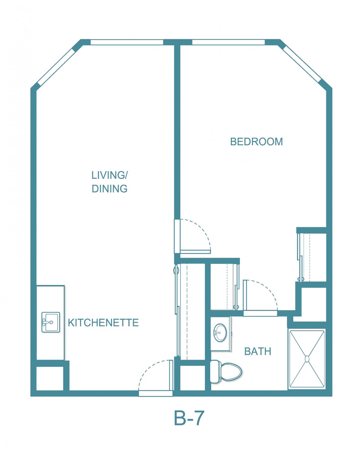 Blueprint of a one-bedroom apartment with kitchenette and bath.