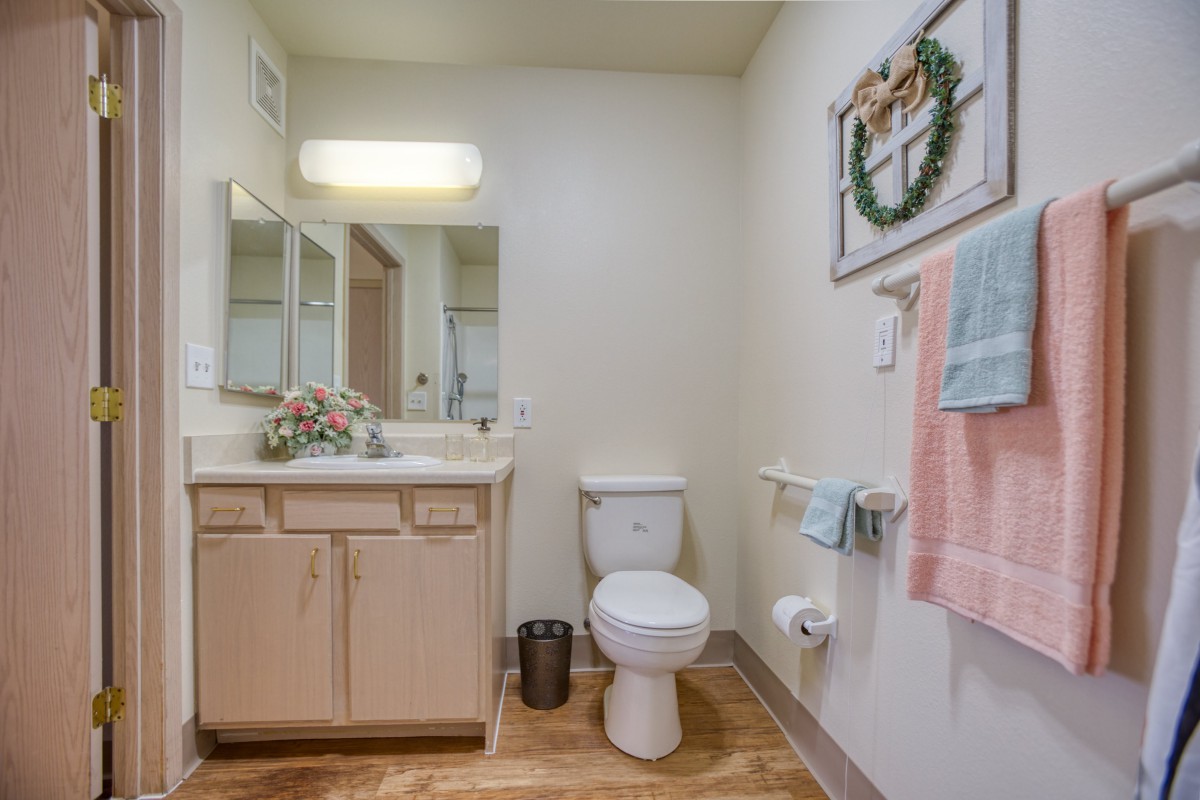 A clean and organized bathroom with a toilet, sink, cabinet, and decorative elements.