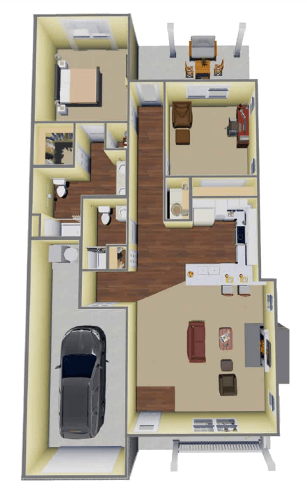 A 3D floor plan showcasing the interior layout of a house, including rooms and garage.