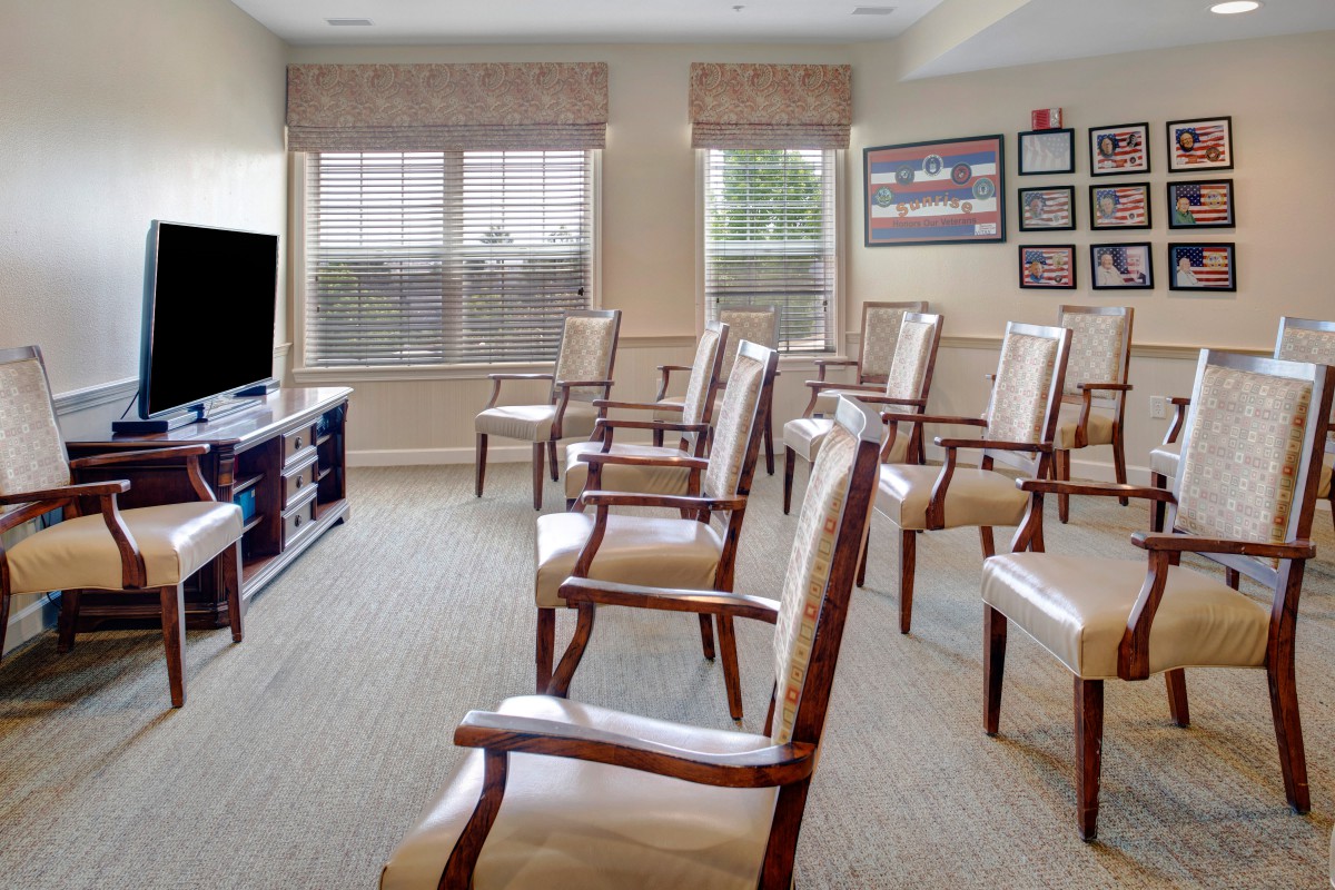 A well-arranged seating area with chairs facing a television, suitable for meetings or presentations.