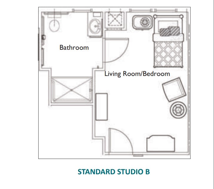 Floor plan of a standard studio apartment, featuring a combined living and bedroom area with a separate bathroom.