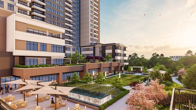A modern residential complex with landscaped gardens and high-rise buildings.