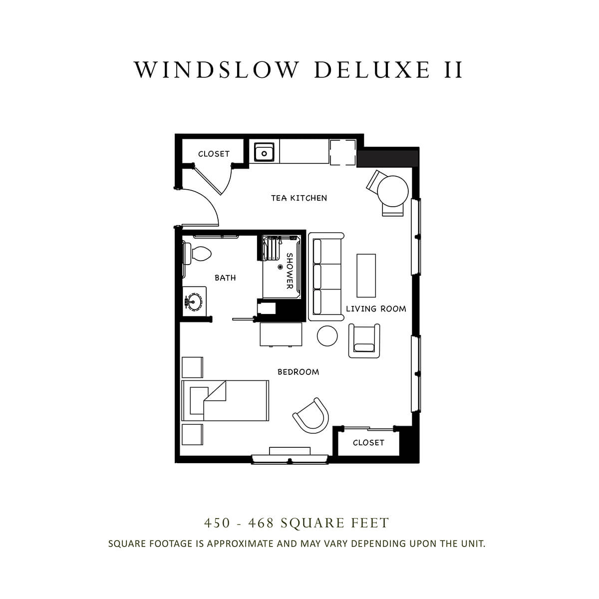Winslow Deluxe II apartment floor plan with 609 square feet featuring a one-bedroom layout.