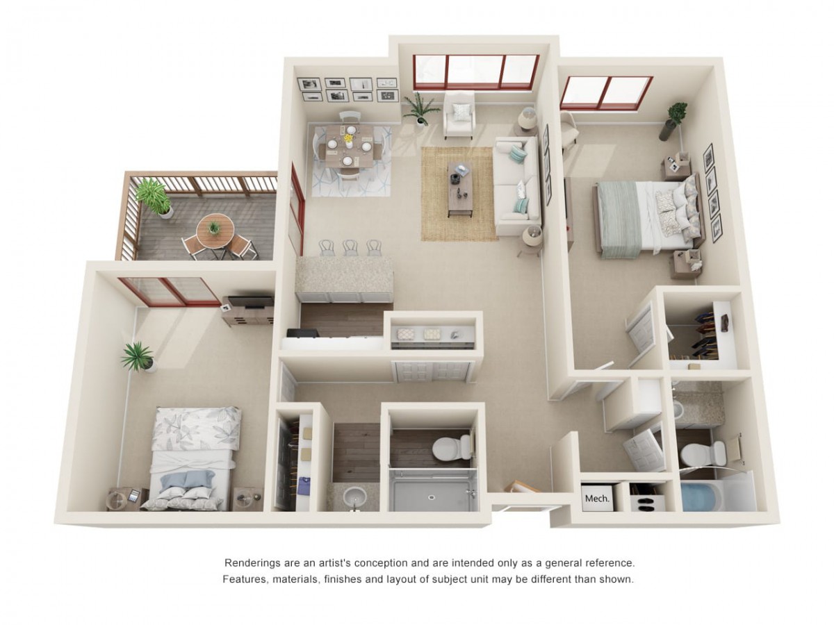 A 3D rendered floor plan of an apartment featuring a kitchen, living room, two bedrooms, and two bathrooms.