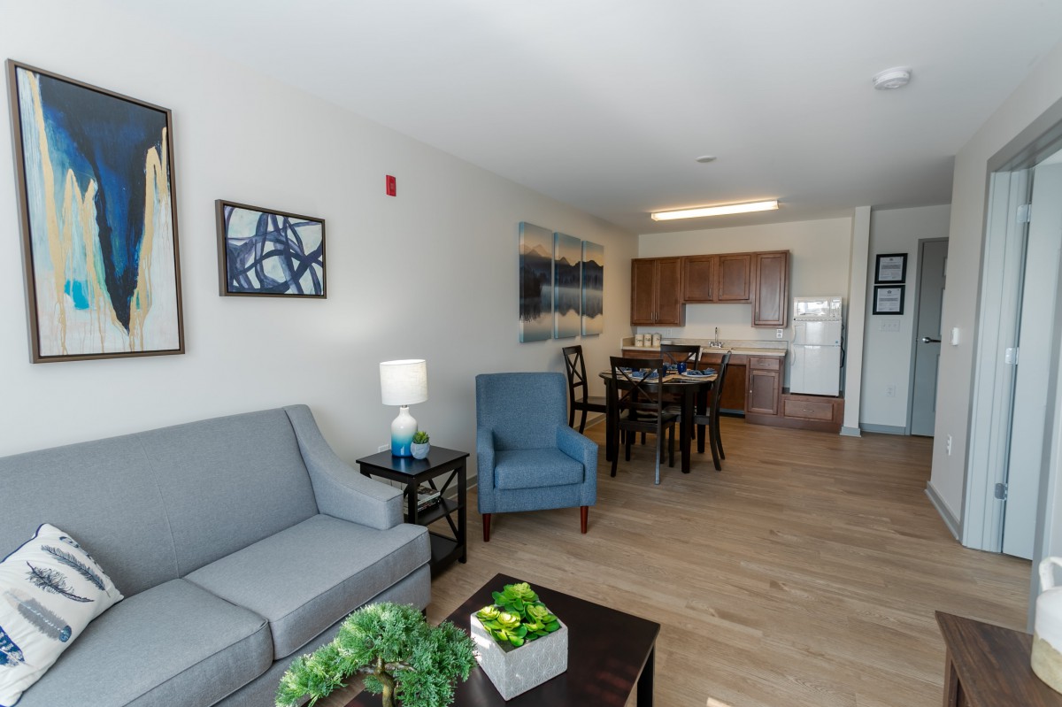 A modern apartment with a combined living and dining area, featuring stylish furniture and an open kitchen layout.