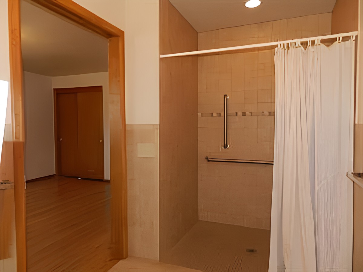 An accessible bathroom with a walk-in shower featuring a curtain and grab bar.