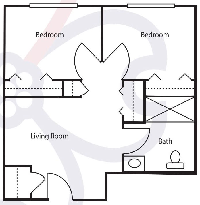Two-bedroom apartment floor plan with a living room and bathroom.
