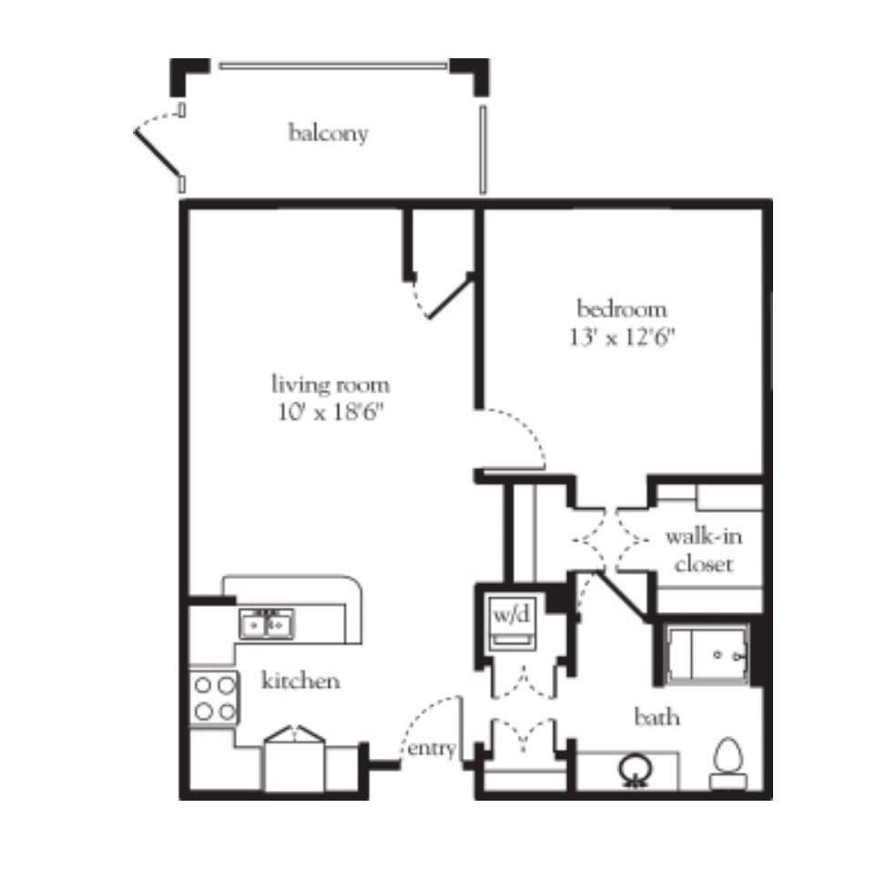 A floor plan of a one-bedroom apartment including a living room, kitchen, bathroom, walk-in closet, and balcony.