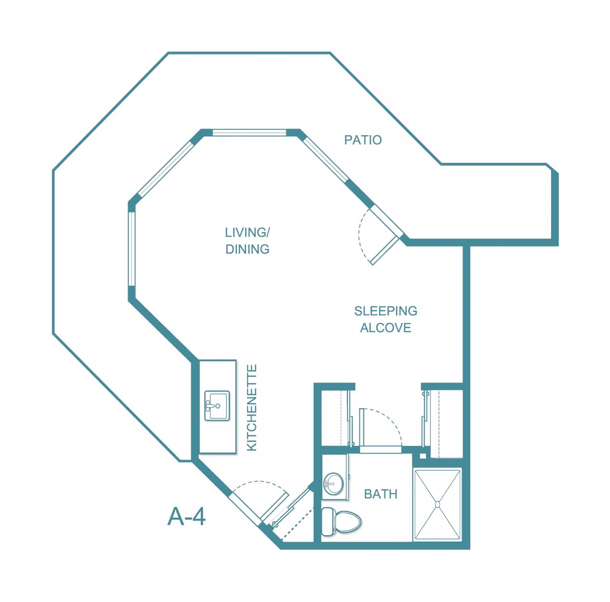 This image shows a floor plan of an apartment with designated living, sleeping, and kitchen areas.