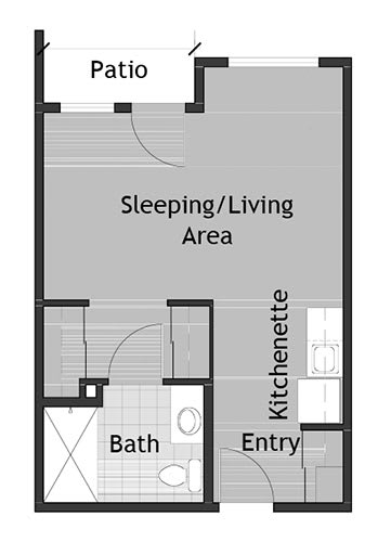 Studio apartment floor plan with a sleeping/living area, kitchenette, bath, entry, and patio.
