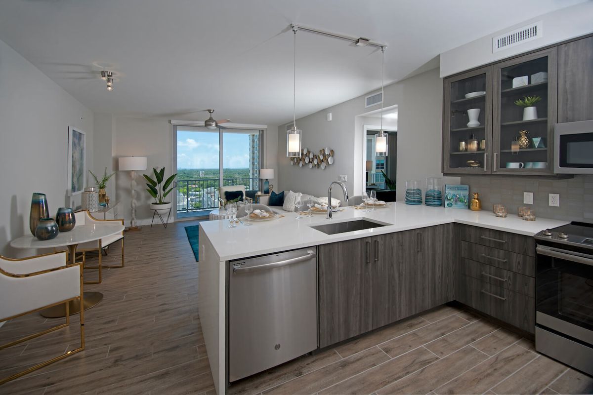 A modern open-concept apartment with a well-equipped kitchen and spacious living area.
