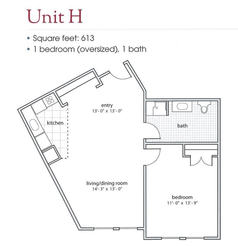 Unit H floor plan featuring a one-bedroom, one-bathroom apartment with living and dining areas.