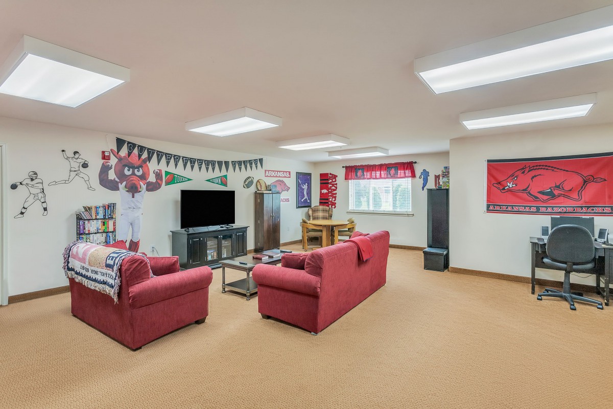 A cozy basement family room with red sofas, a television, and colorful decorations.