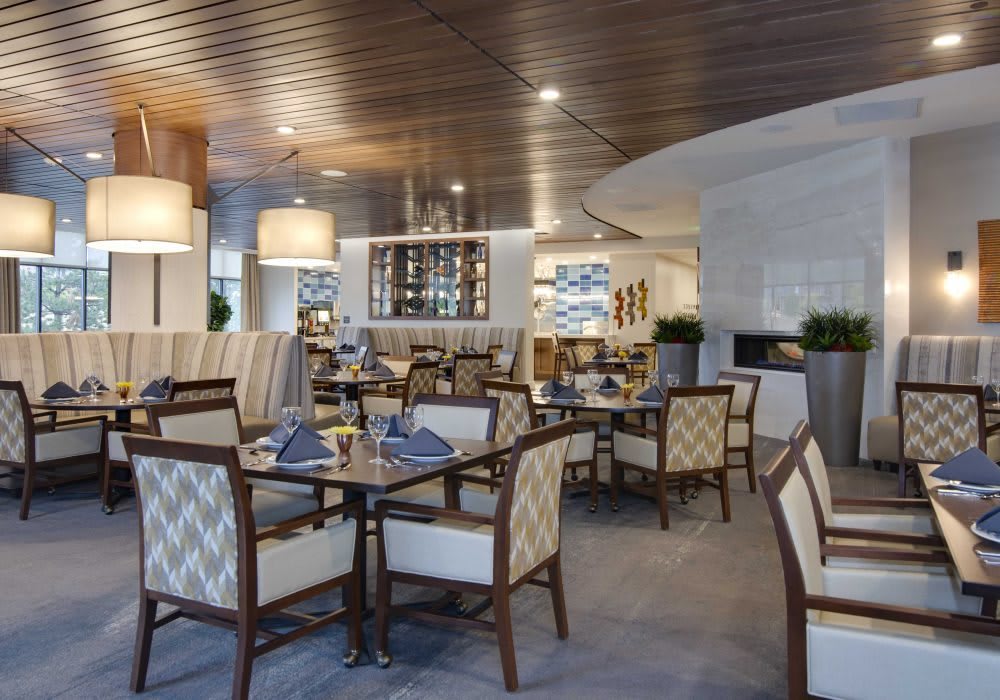 A modern restaurant interior with neatly arranged tables and stylish lighting.
