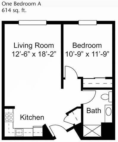 A basic floor plan showing the layout of a one-bedroom apartment with dimensions for each room, including a living room, bedroom, kitchen, and bathroom.