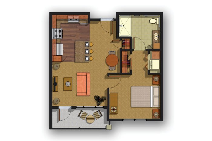 A detailed floor plan of a small apartment, showcasing the living room, kitchen, bedroom, and bathroom areas.
