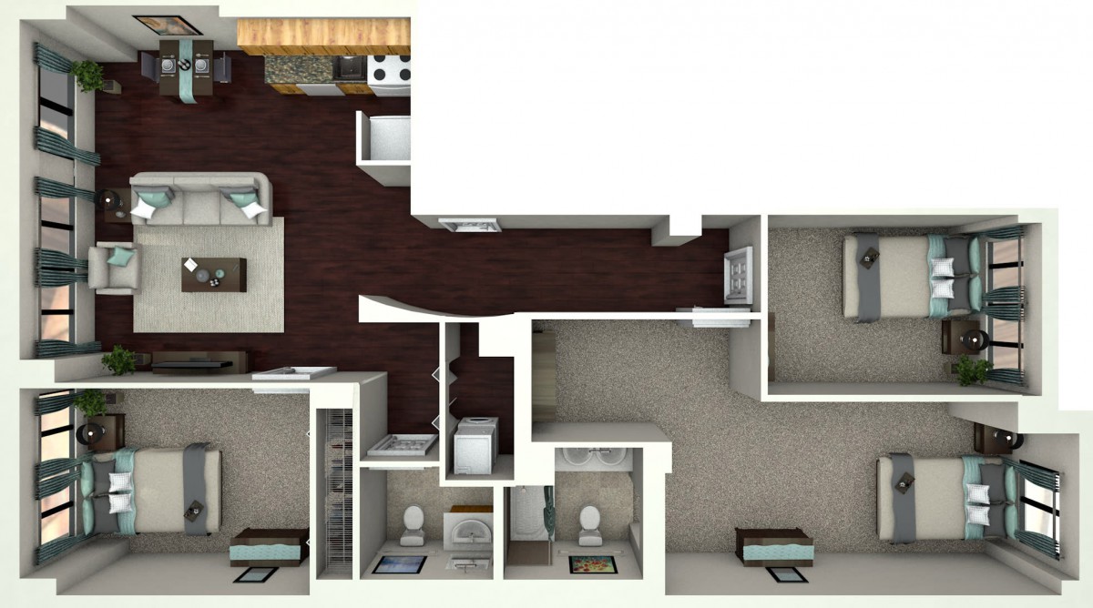 3D floor plan of a two-bedroom apartment.